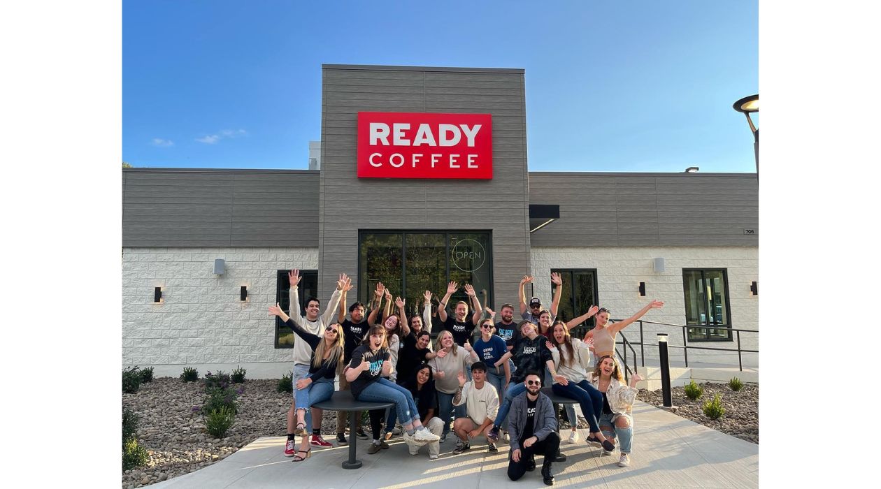 Crowd of employees outside the new Ready Coffee in Lagrangeville
