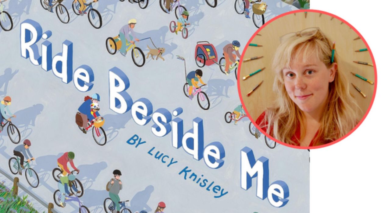 Author Lucy Knisley with the cover of her book Ride Beside Me